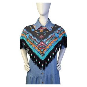 Southwestern Fringe Beaded Bandana Scarf Poncho | Festival Boho Western